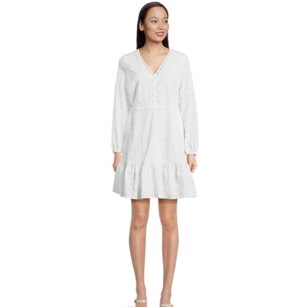 Time and Tru White Eyelet Empire Waist Dress V-Neck Long Sleeve XL 16–18